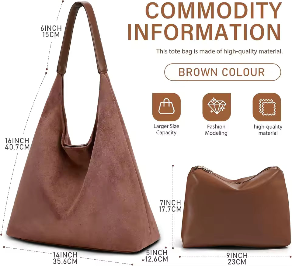 Suede Tote Bag for Women – Vintage Large Capacity with Zippered Cosmetic Organizer