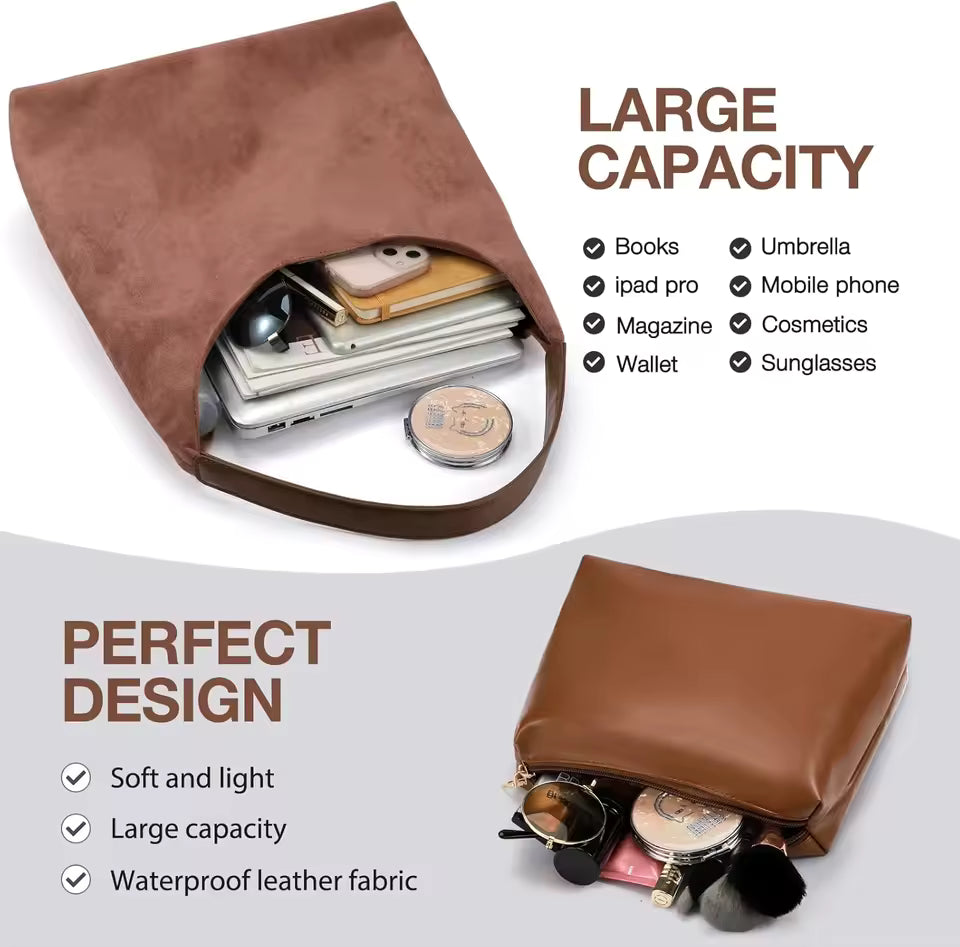 Suede Tote Bag for Women – Vintage Large Capacity with Zippered Cosmetic Organizer